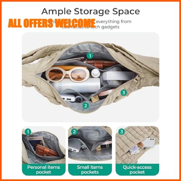 Quilted Puffy Crossbody Hobo Bag, Adjustable Strap, Water-Resistant Nylon - Picture 7 of 8